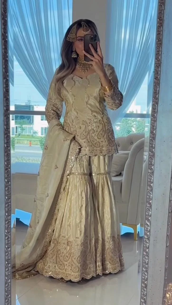 Eid Special Cream Chinon Silk Embroidered Sharara Suit With Dupatta