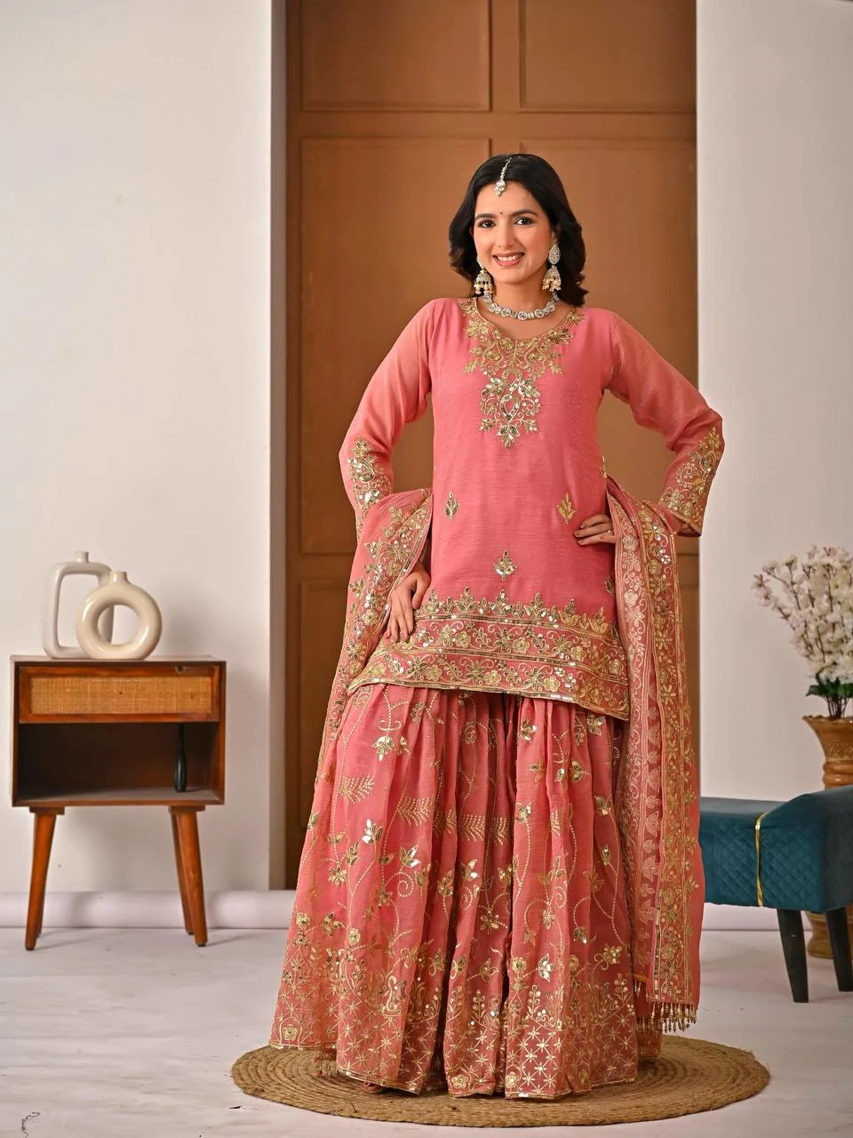 Trending Eid Special Silk Embroidered Kurti Sharara Set Outfit