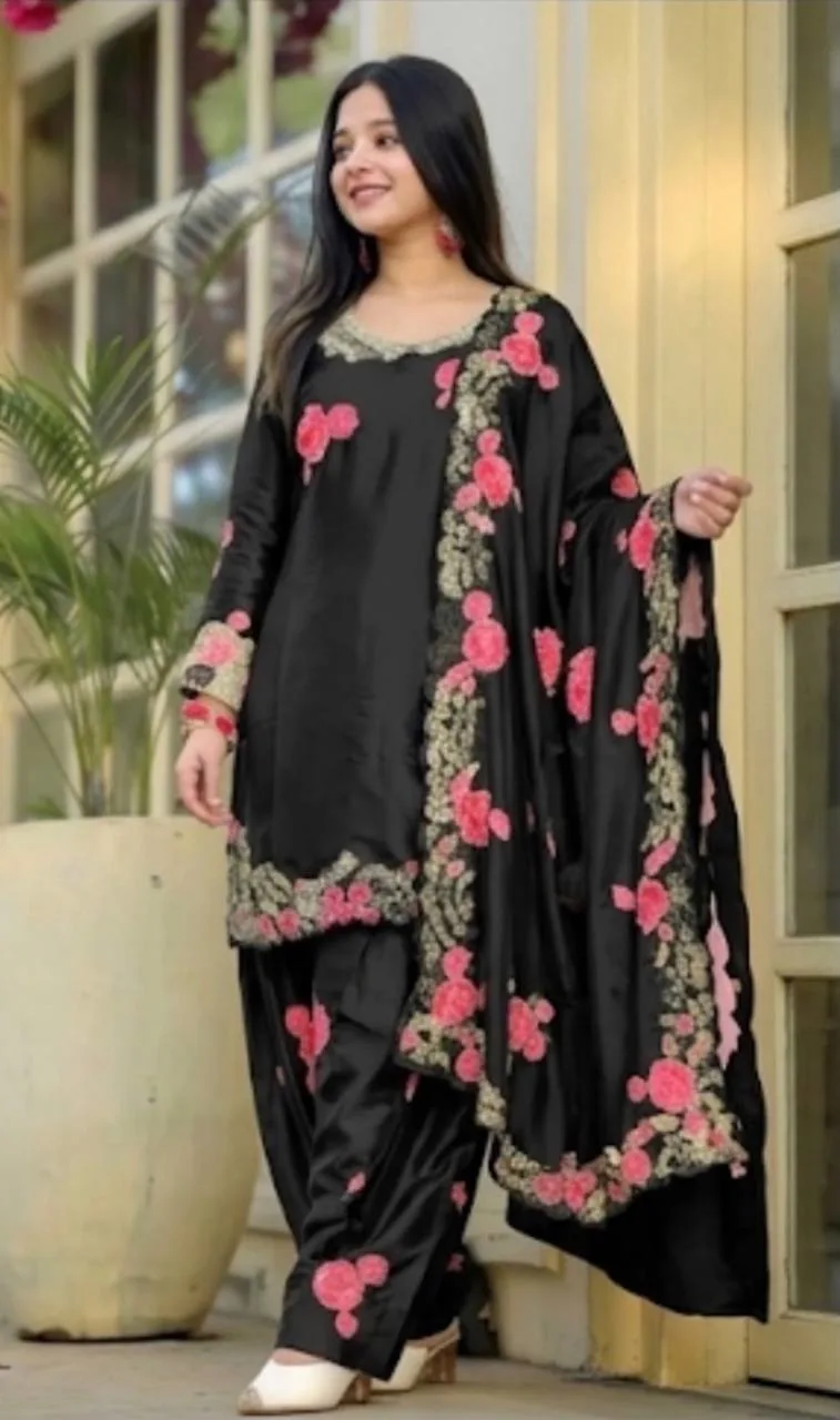Fashionable Black Eid Wear Satin Farshi Suit With Designer Dupatta