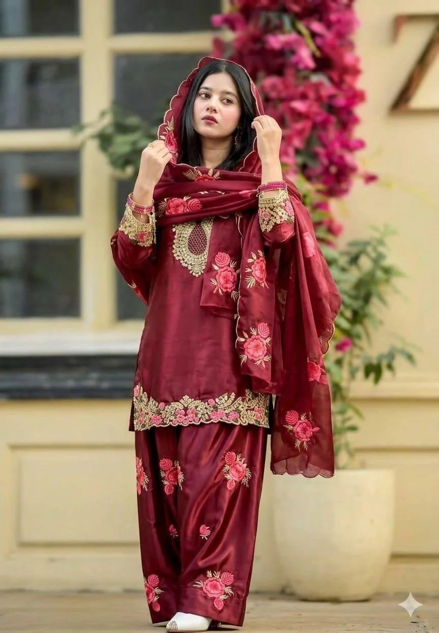 Trendy Eid Collection Maroon Satin Kurti Farshi Salwar Dupatta Set