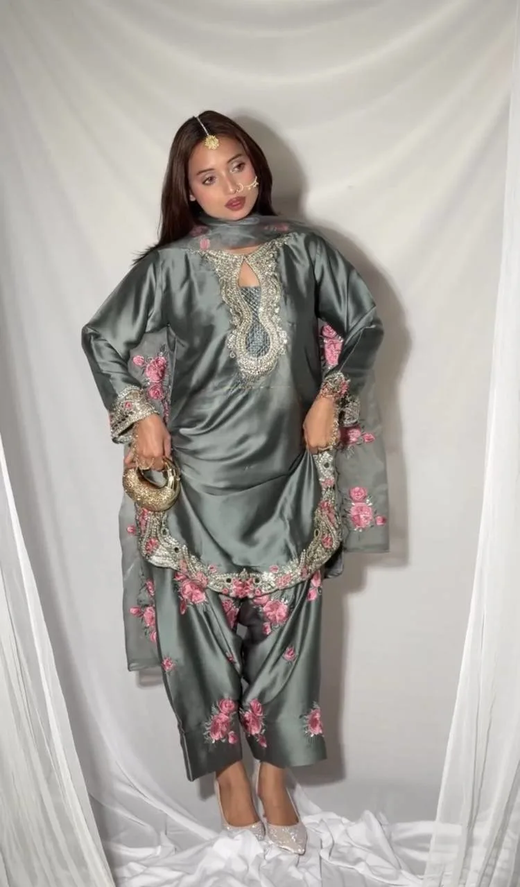 New Arrival Grey Floral Embroidery Kurti With Farshi Salwar Suit Eid Collection