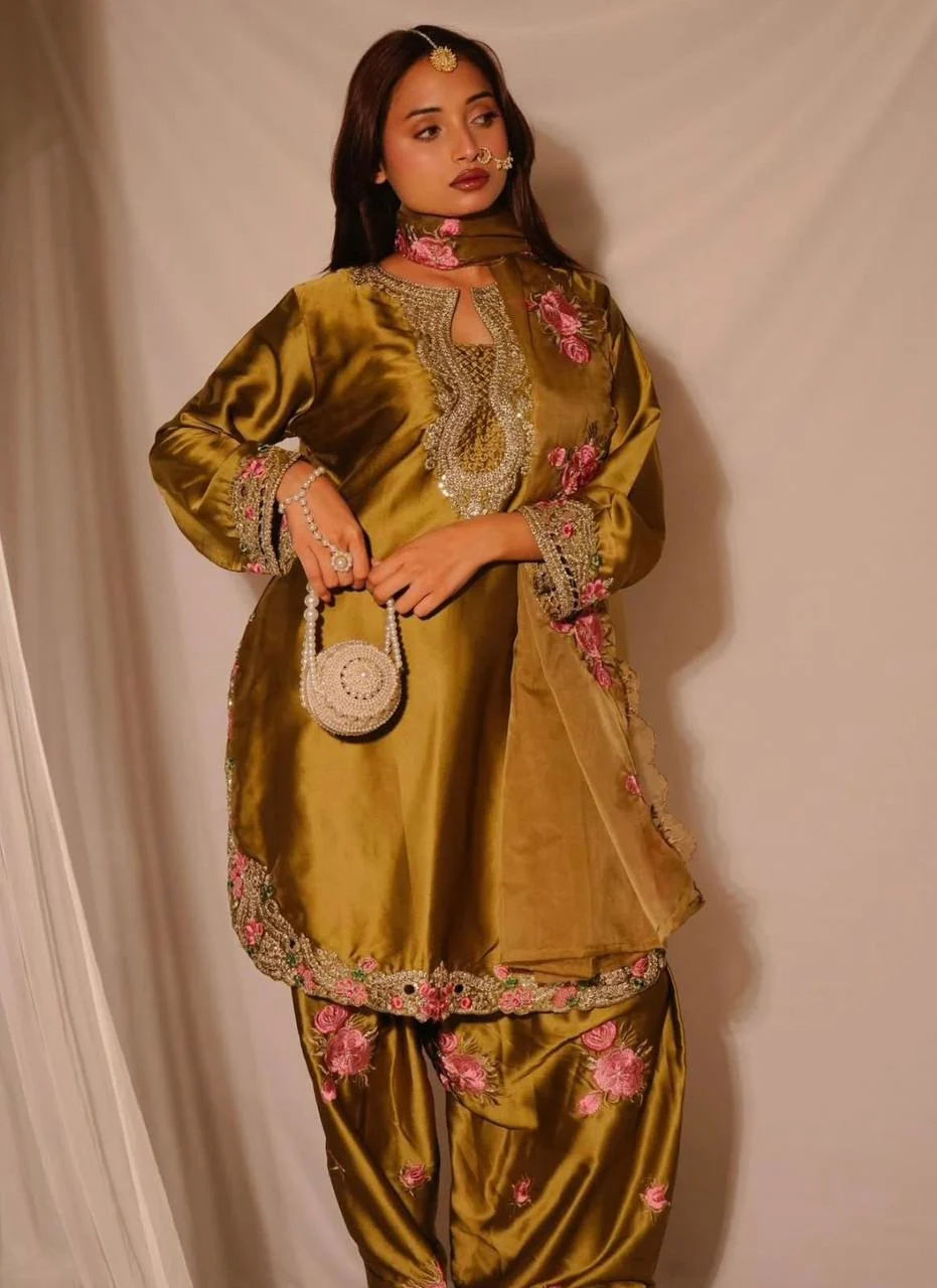 Graceful Olive Gold Japan Satin Farshi Salwar Set With Elegant Dupatta