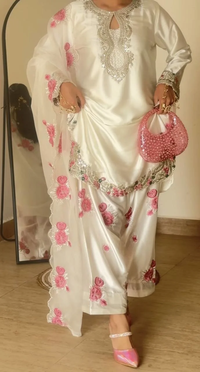 Party Wear White Japan Satin Farshi Salwar Suit With Embroidery Work