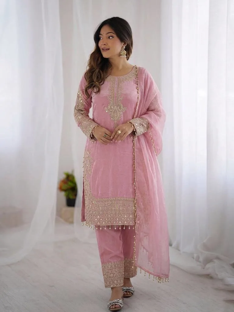 Premium Eid Collection: Embroidered Roman Glass Silk Suit with Moti Work