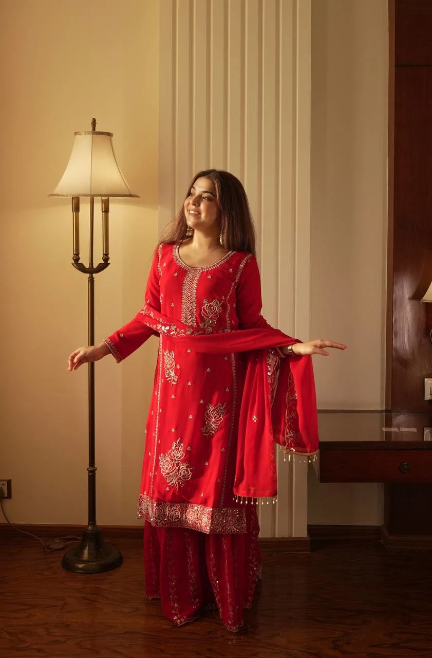 Red Embroidered Georgette Kurti Gharara Set with Dupatta