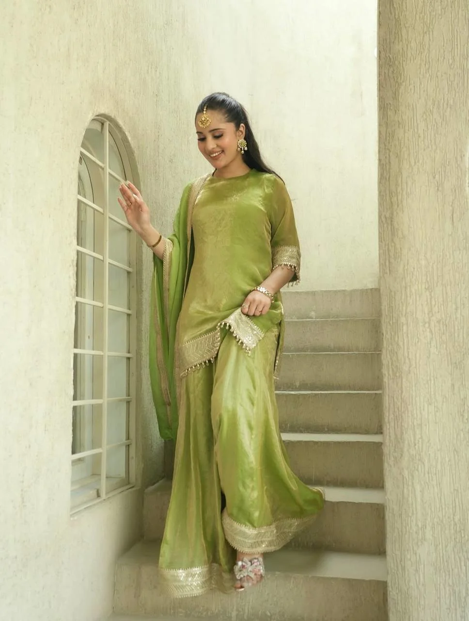 Designer Olive Green Kurta Palazzo Suit with Mirror Work for Eid Festive