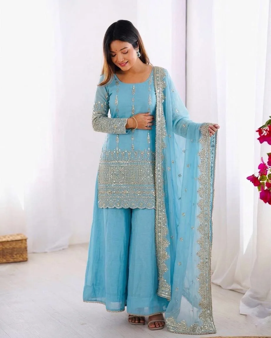 Wedding & Eid Special Sky Blue Kurta Palazzo with Embroidered Dupatta