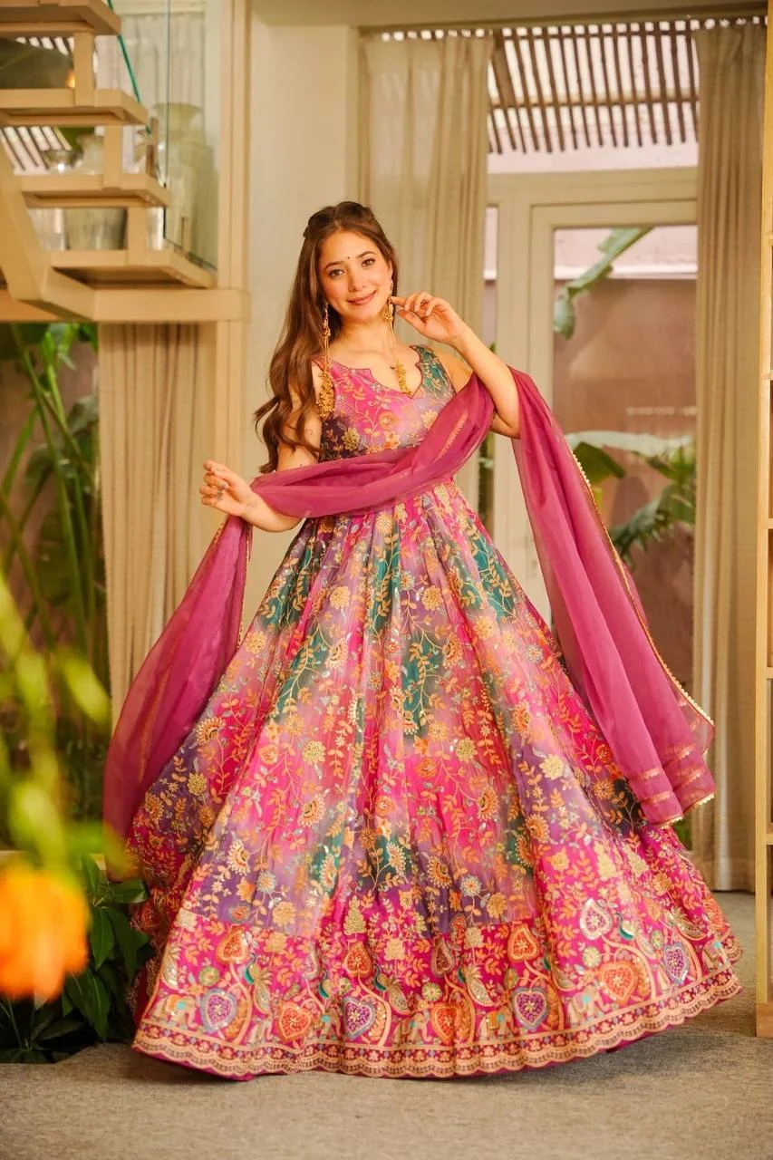 Trending Floral Anarkali Gown with Premium Organza Dupatta – Wedding Collection