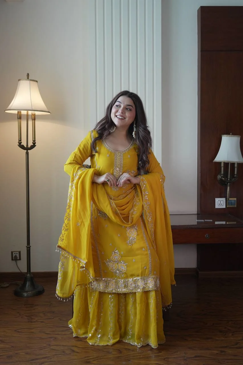 Elegant Yellow Kurti Gharara Suit with Beads & Heavy Embroidery for Eid