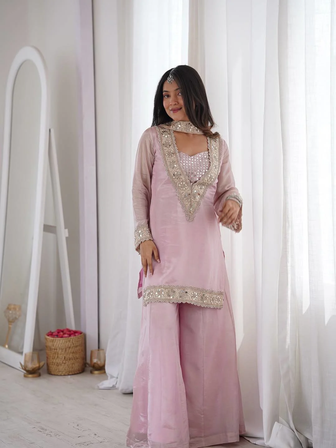 Festive Special Pink Kurta Palazzo with Mirror Work Dupatta