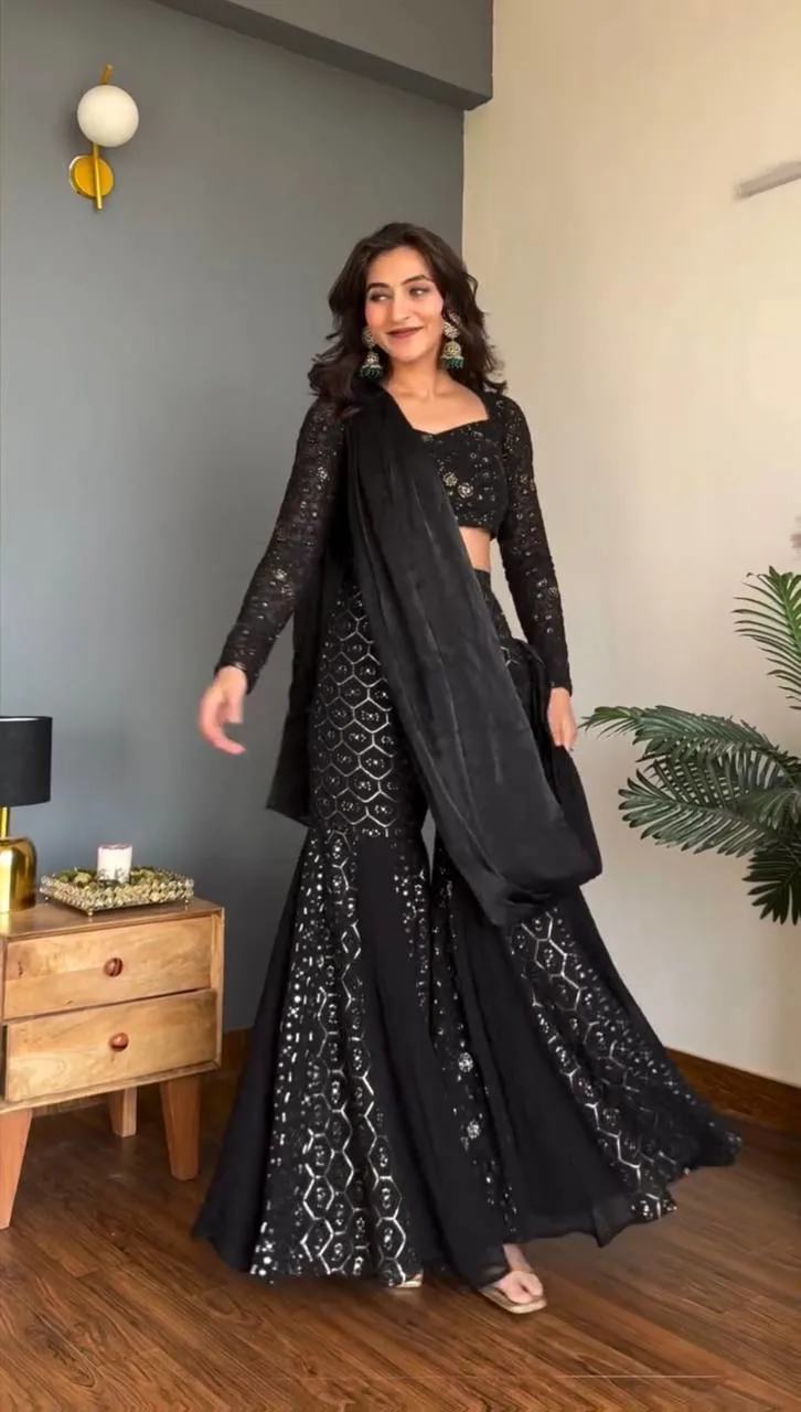 Black Georgette Sharara Set with Thread & Sequence Work – Eid Special