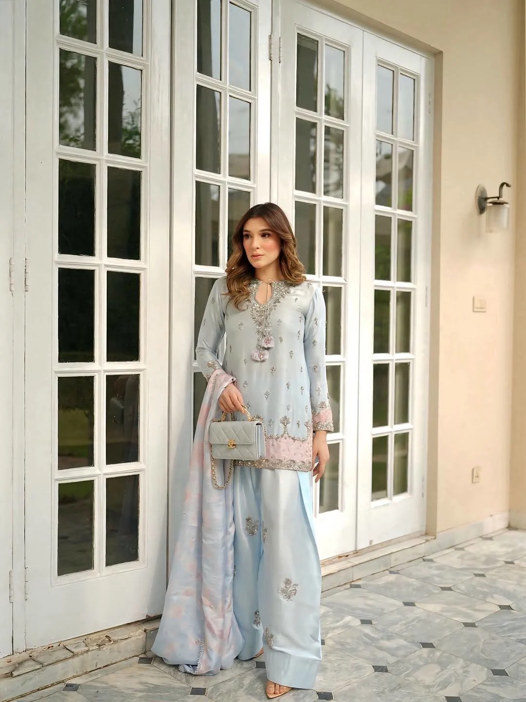 Premium Eid Special: Embroidered Japan Satin Silk Kurti Palazzo Set