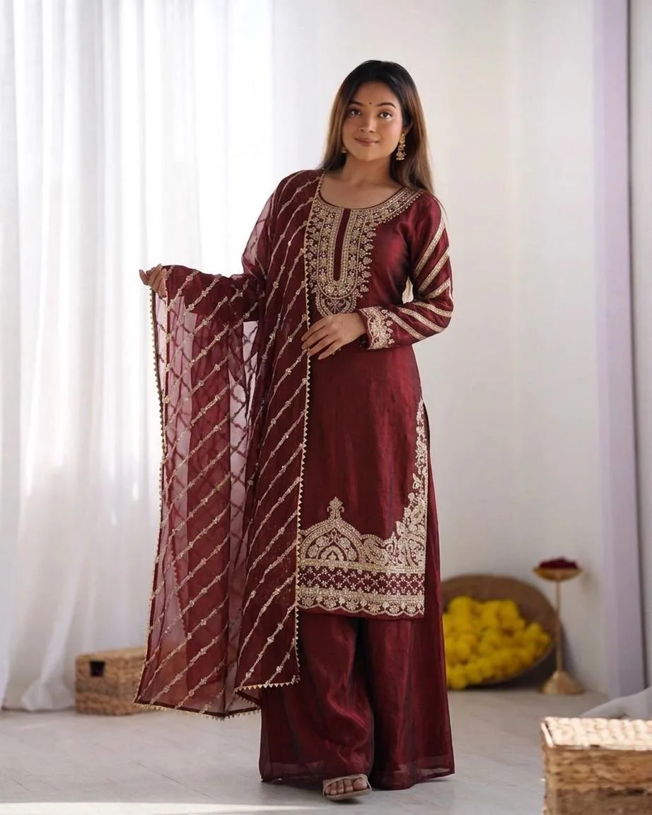 Maroon Pure Silk Embroidered Kurti Sharara Set With Dupatta For Eid