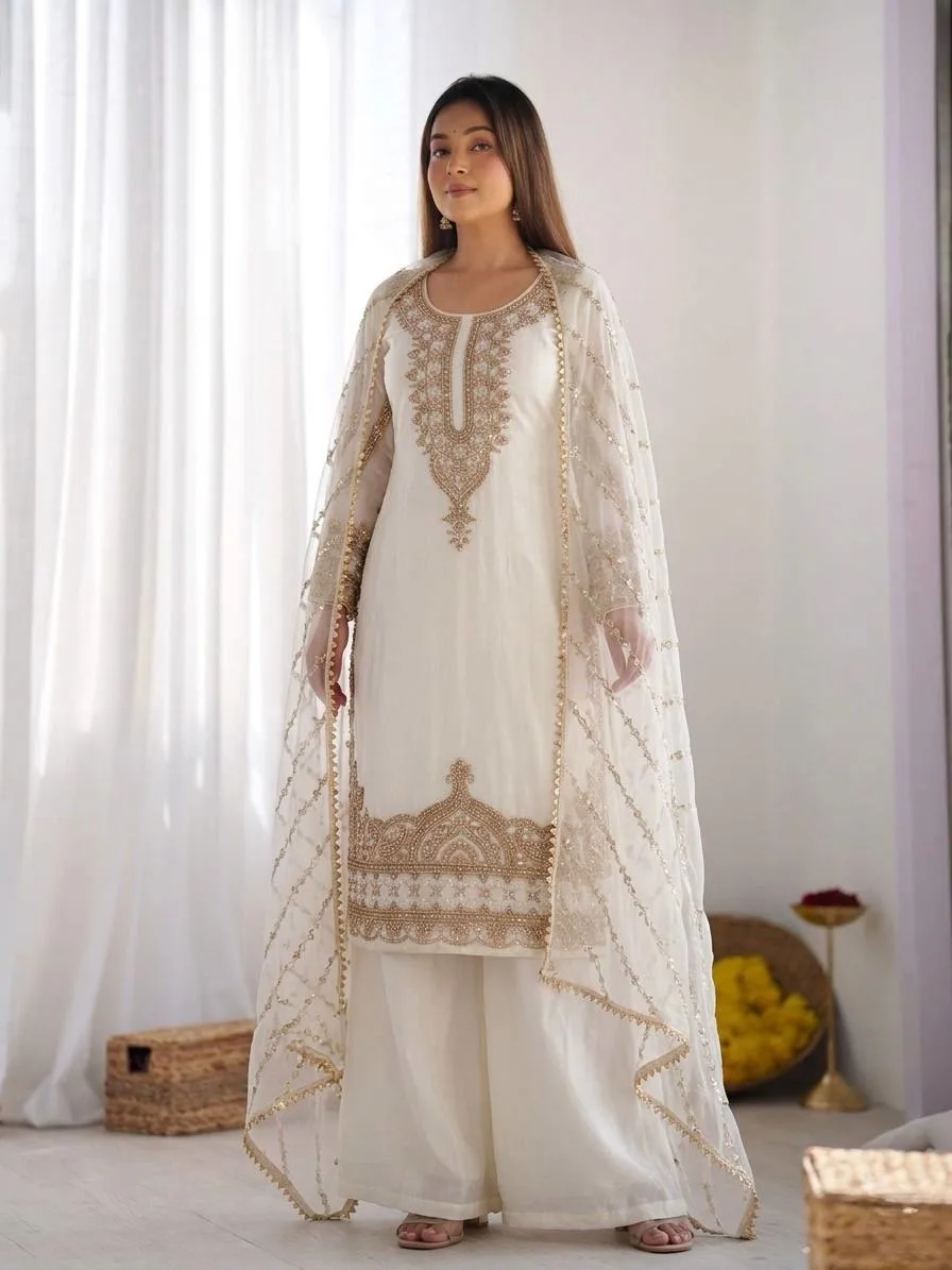 Stylish Eid Special White Kurta Sharara Dupatta Set With Rich Beads Work
