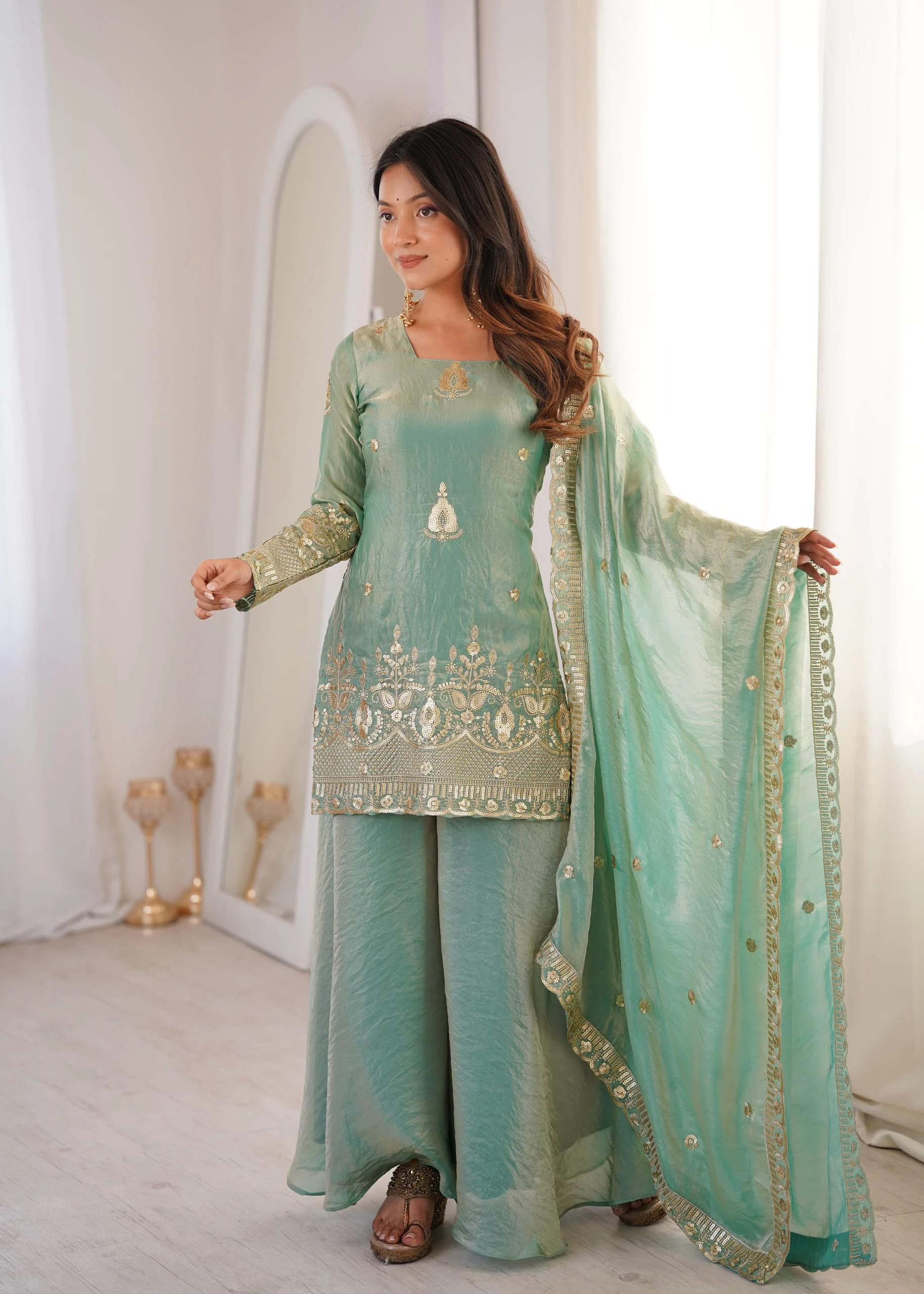 Eid Special Sea Green Sharara Set with Embroidery Dupatta