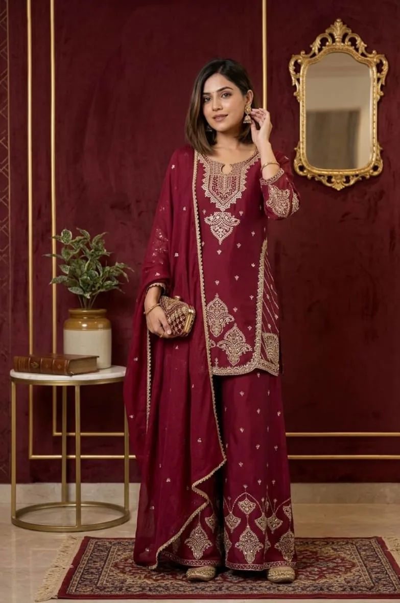 Gorgeous Eid Collection Rangoli Crush Red Kurti Palazzo Suit For Women